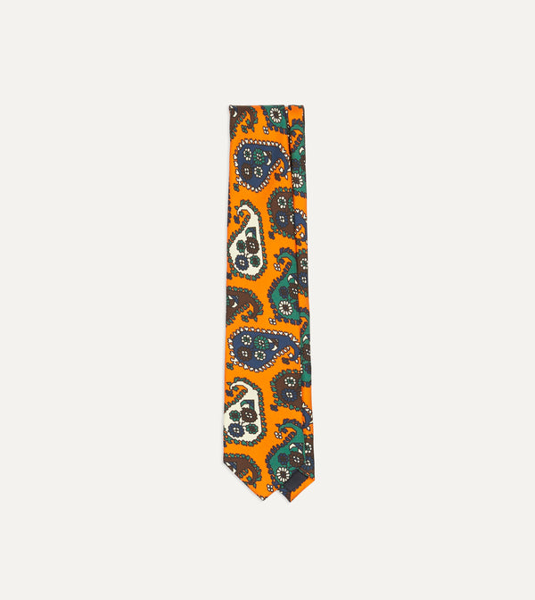 drake's Orange Geometric Paisley Print Twill Silk Tie