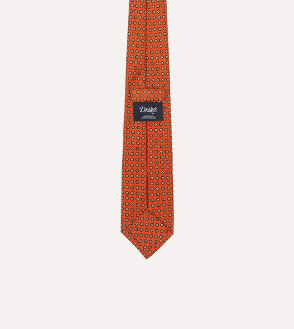 Drake's Orange Micro Geometric Print Silk Self Tipped Tie