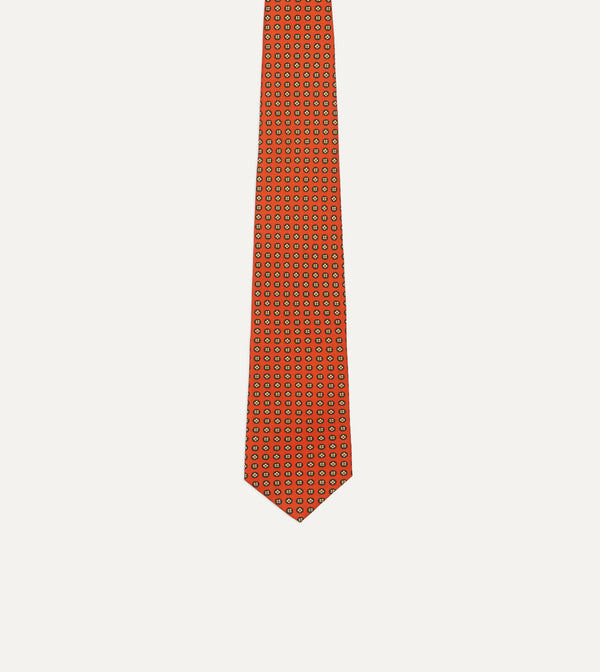 Drake's Orange Micro Geometric Print Silk Self Tipped Tie