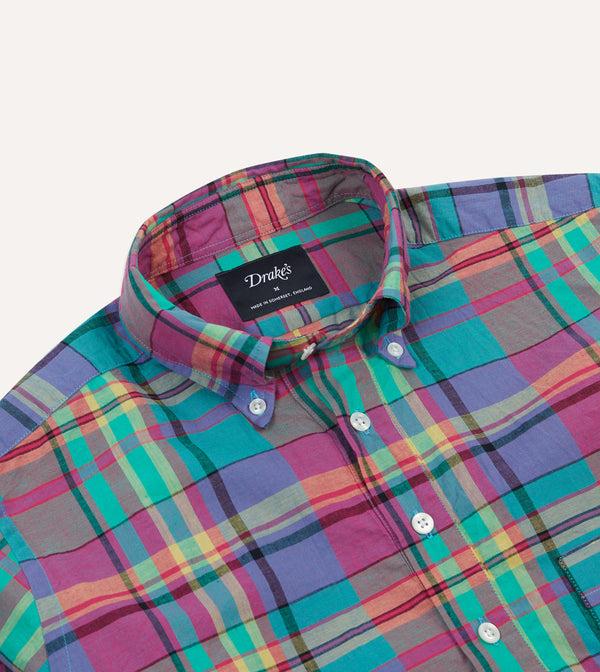 Drake's Pink And Blue Madras Check Cotton Button-Down Popover Shirt