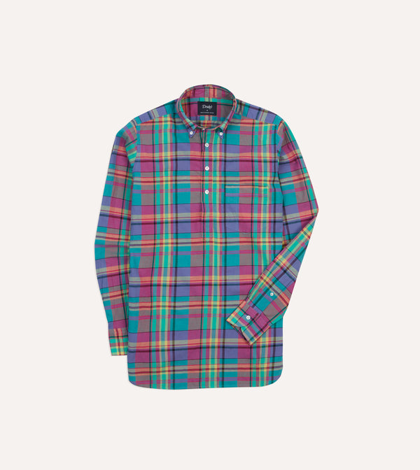 drake's Pink and Blue Madras Check Cotton Button-Down Popover Shirt