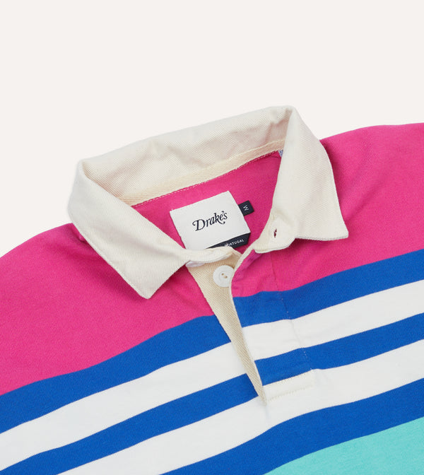 Drake's Pink Green And Blue Stripe Cotton Rugby Shirt