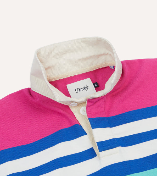 Drake's Pink Green And Blue Stripe Cotton Rugby Shirt