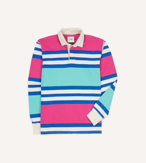 drake's Pink Green and Blue Stripe Cotton Rugby Shirt