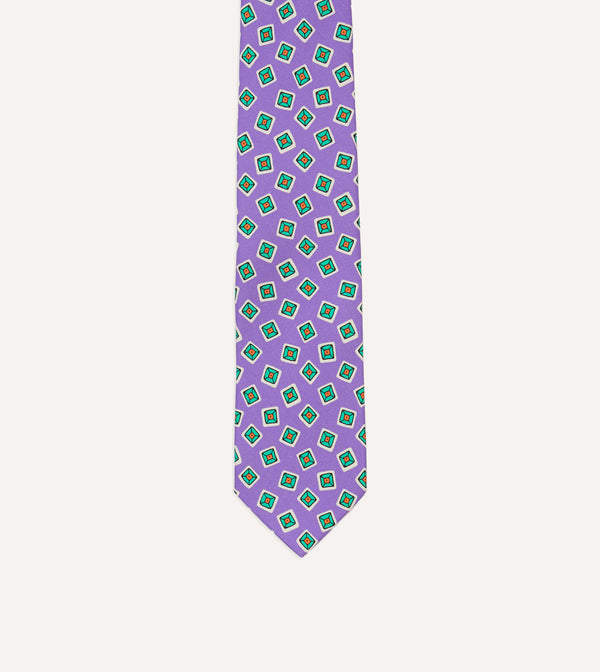 Drake's Purple Jumbled Tile Print Silk Self Tipped Tie