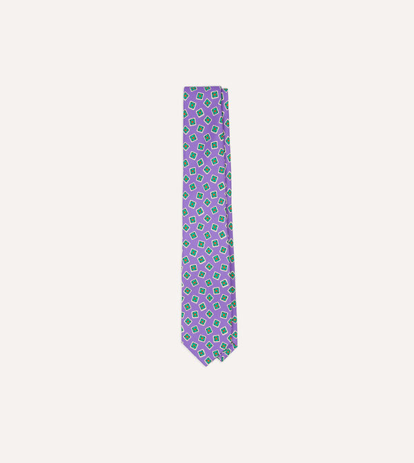 drake's Purple Jumbled Tile Print Silk Self Tipped Tie