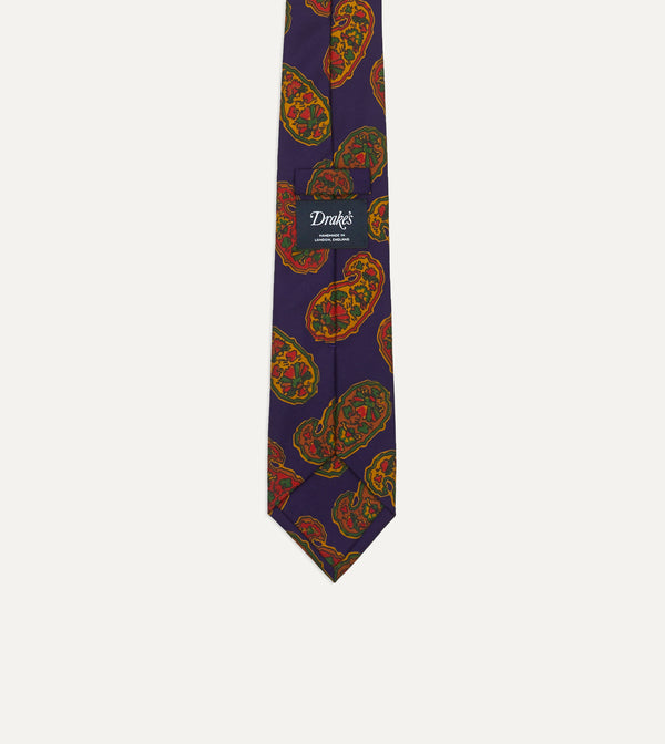 Drake's Purple Large Paisley Print Silk Self Tipped Tie