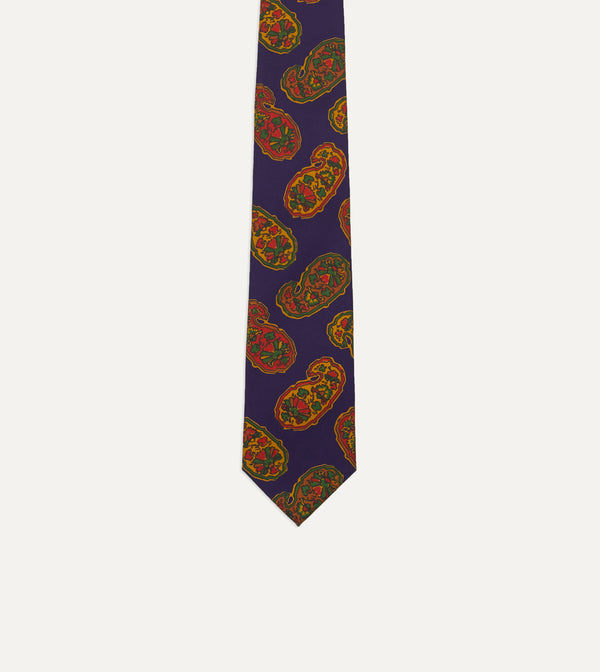 Drake's Purple Large Paisley Print Silk Self Tipped Tie
