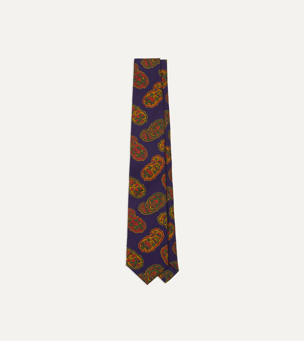drake's Purple Large Paisley Print Silk Self Tipped Tie