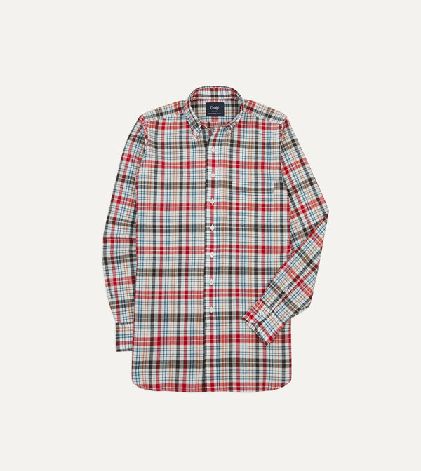 drake's Red and Black Madras Check Cotton Button-Down Shirt