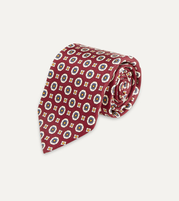 Drake's Red And Blue Geometric Medallion Print Silk Foulard Tie