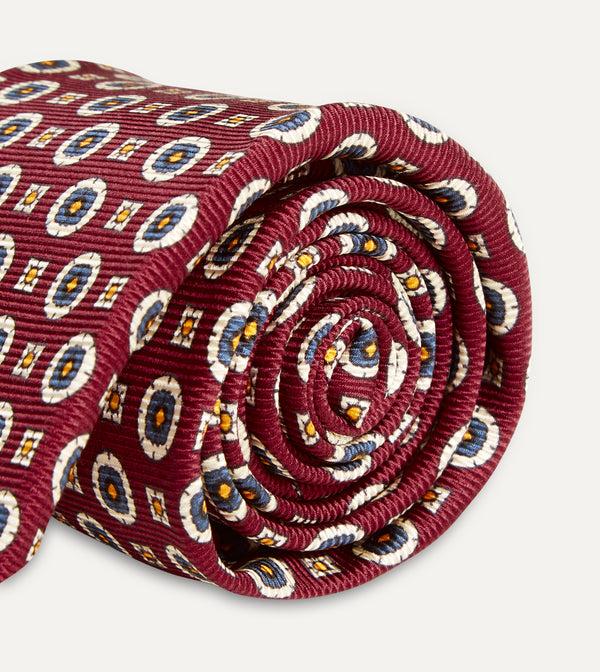 Drake's Red And Blue Geometric Medallion Print Silk Foulard Tie