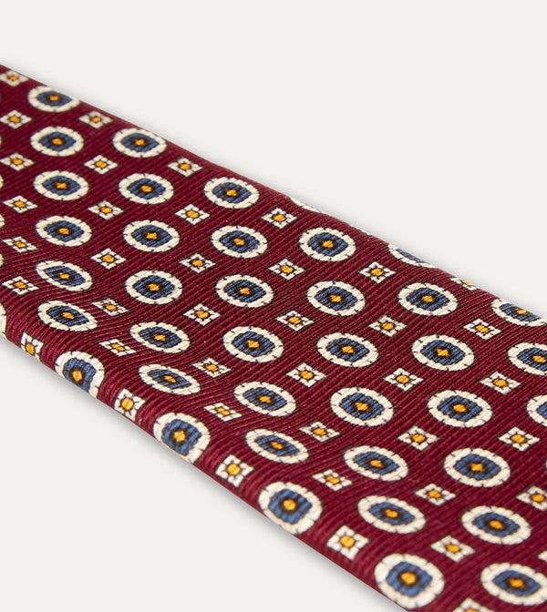 Drake's Red And Blue Geometric Medallion Print Silk Foulard Tie