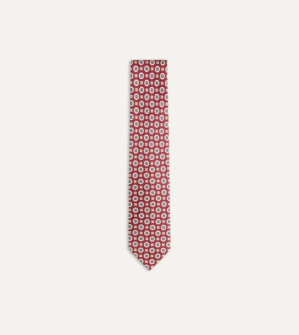 drake's Red and Blue Geometric Medallion Print Silk Foulard Tie
