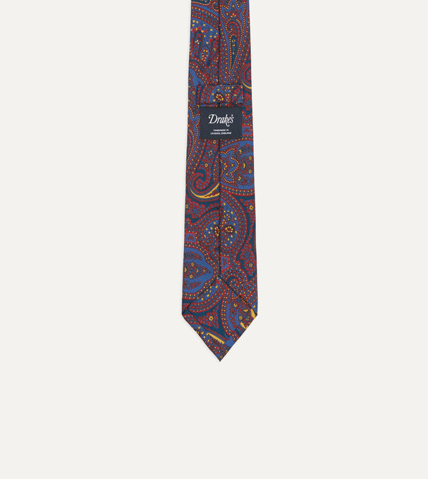 Drake's Red And Blue Large Paisley Print Madder Silk Self Tipped Tie