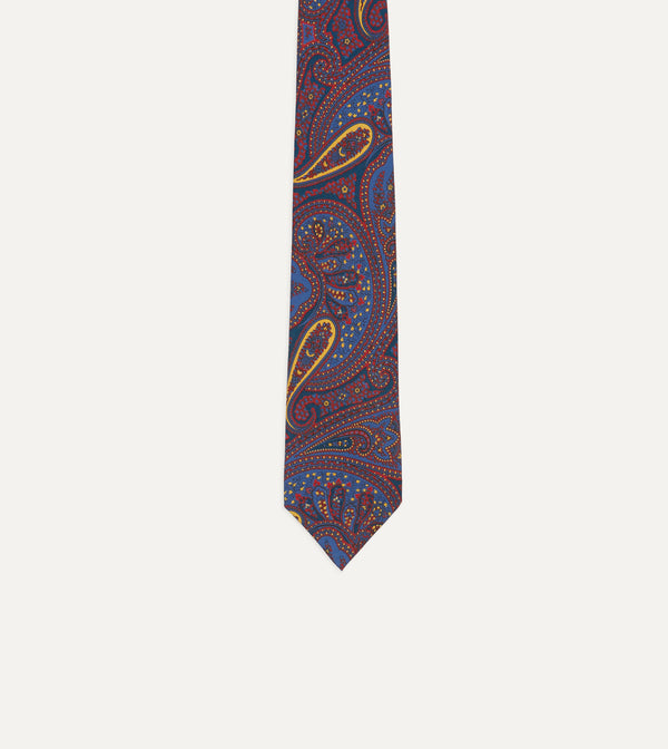 Drake's Red And Blue Large Paisley Print Madder Silk Self Tipped Tie