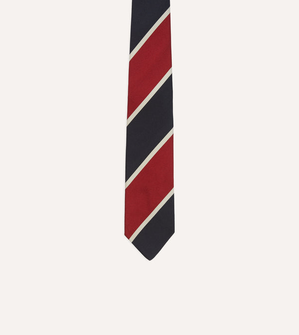 Drake's Red And Ecru Broad Stripe Mogador Silk Tipped Tie