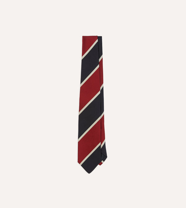 drake's Red and Ecru Broad Stripe Mogador Silk Tipped Tie