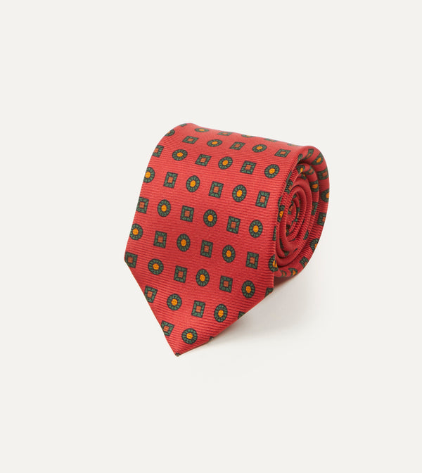Drake's Red And Green Geometric Medallion Print Madder Twill Silk Tie