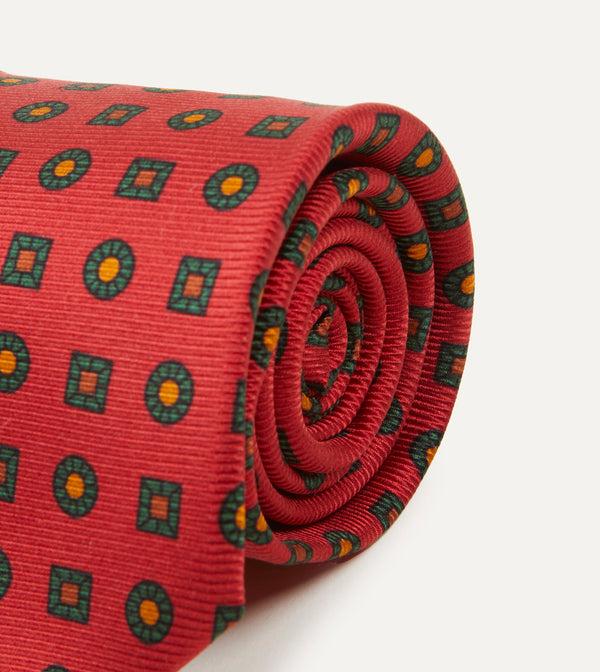 Drake's Red And Green Geometric Medallion Print Madder Twill Silk Tie