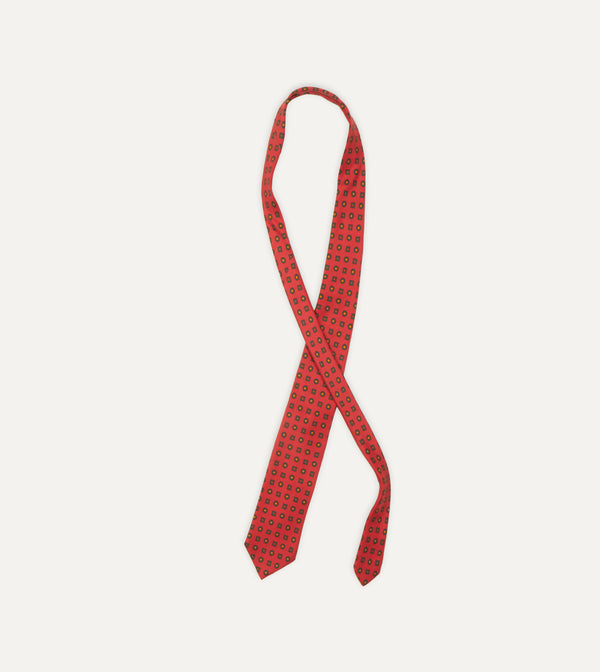 Drake's Red And Green Geometric Medallion Print Madder Twill Silk Tie