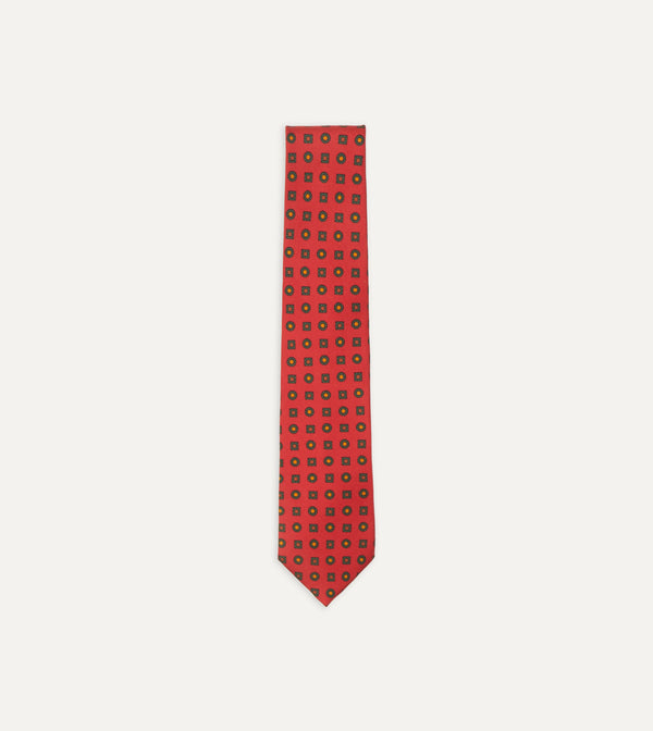 drake's Red and Green Geometric Medallion Print Madder Twill Silk Tie