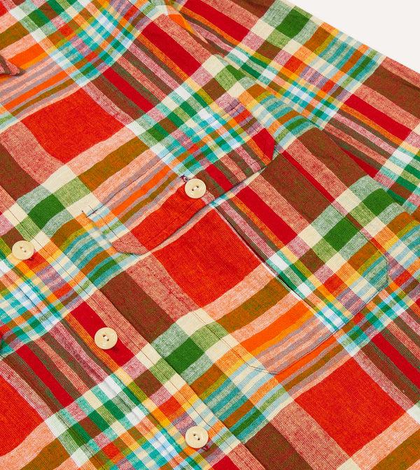 Drake's Red And Green Madras Check Cotton-Linen Two-Pocket Work Shirt