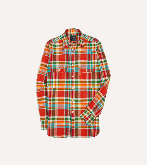 drake's Red and Green Madras Check Cotton-Linen Two-Pocket Work Shirt