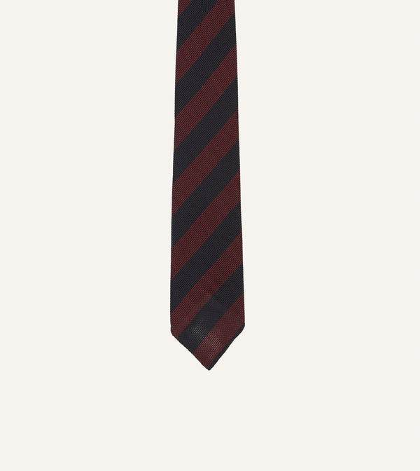 Drake's Red And Navy Block Stripe Hand Rolled Silk Grenadine Tie