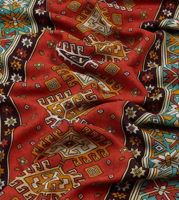 Drake's Red And Turquoise Kilim Print Tubular Wool Silk Scarf