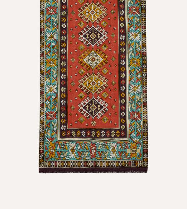 Drake's Red And Turquoise Kilim Print Tubular Wool Silk Scarf
