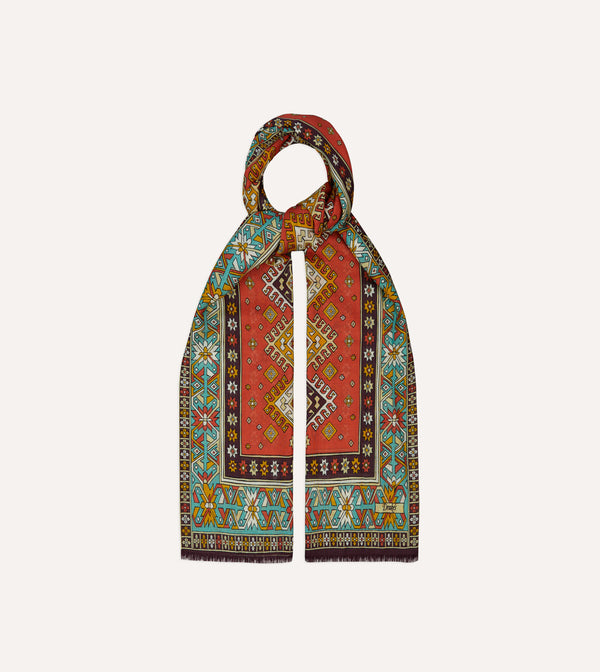 Drake's Red And Turquoise Kilim Print Tubular Wool Silk Scarf