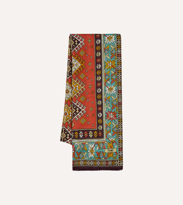 drake's Red and Turquoise Kilim Print Tubular Wool Silk Scarf