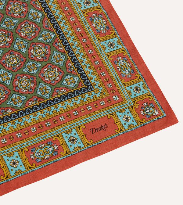 Drake's Red Blue And Gold Floral Medallion Print Wool-Silk Bandana