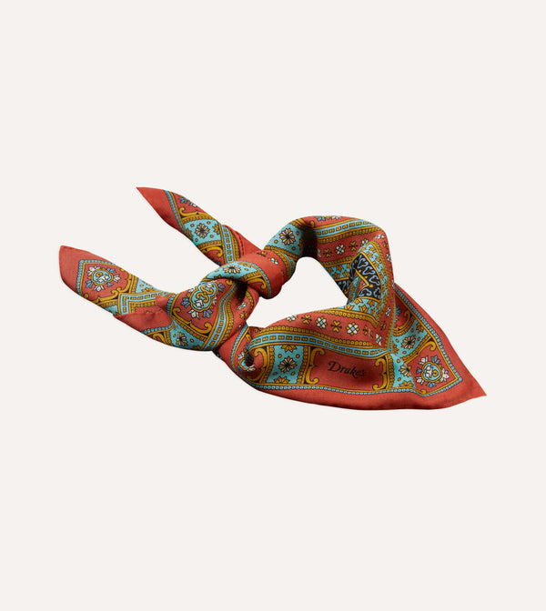 Drake's Red Blue And Gold Floral Medallion Print Wool-Silk Bandana