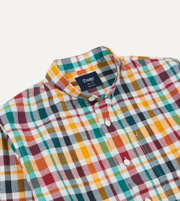 Drake's Red Blue And Green Madras Check Cotton Mandarin Collar Popover Shirt