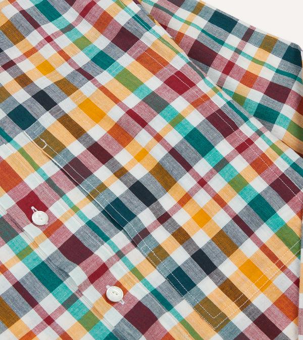 Drake's Red Blue And Green Madras Check Cotton Mandarin Collar Popover Shirt
