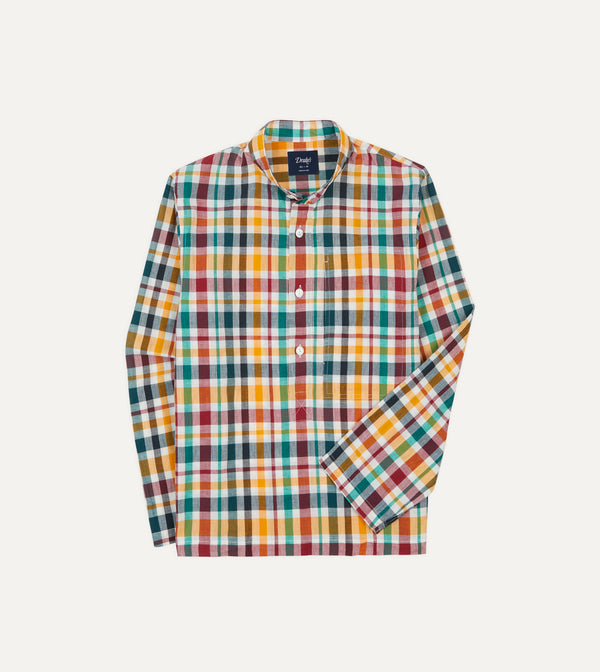 drake's Red Blue and Green Madras Check Cotton Mandarin Collar Popover Shirt