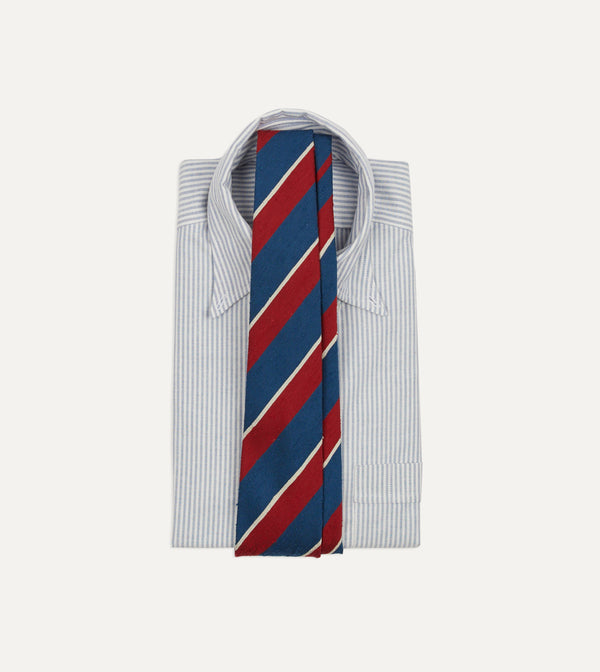 Drake's Red Blue And White Stripe Shantung Silk Tie