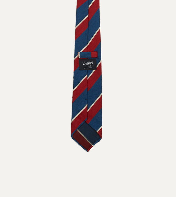 Drake's Red Blue And White Stripe Shantung Silk Tie