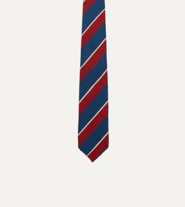 Drake's Red Blue And White Stripe Shantung Silk Tie