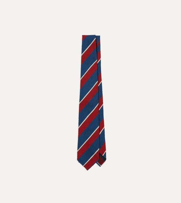 drake's Red Blue and White Stripe Shantung Silk Tie