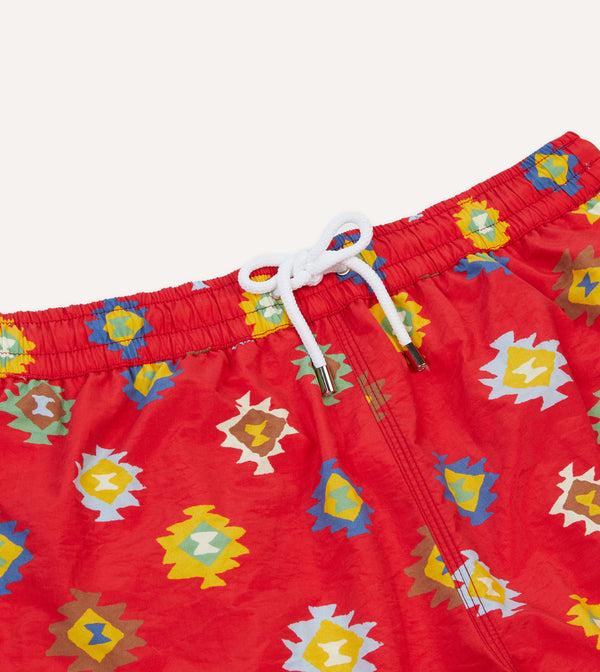 Drake's Red Kilim Print Nylon Drawstring Swim Shorts