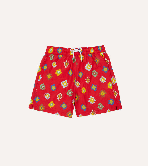 drake's Red Kilim Print Nylon Drawstring Swim Shorts