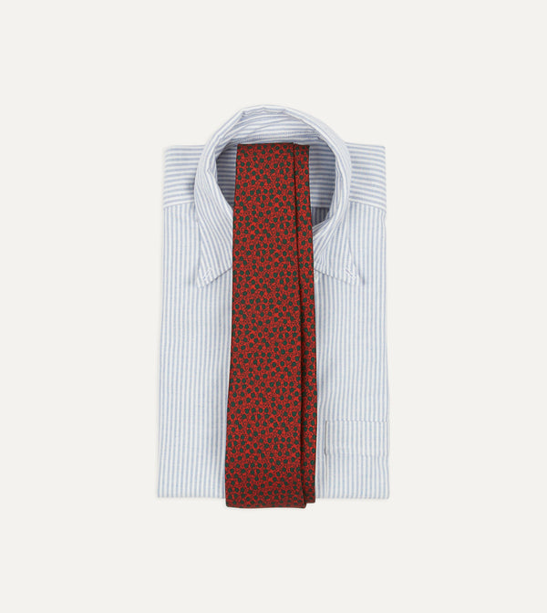 Drake's Red Mini Leaves Print Foulard Silk Self Tipped Tie