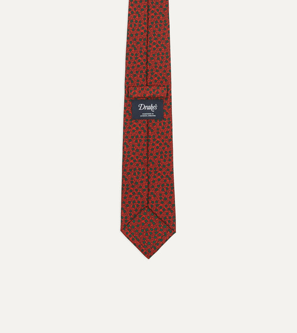 Drake's Red Mini Leaves Print Foulard Silk Self Tipped Tie