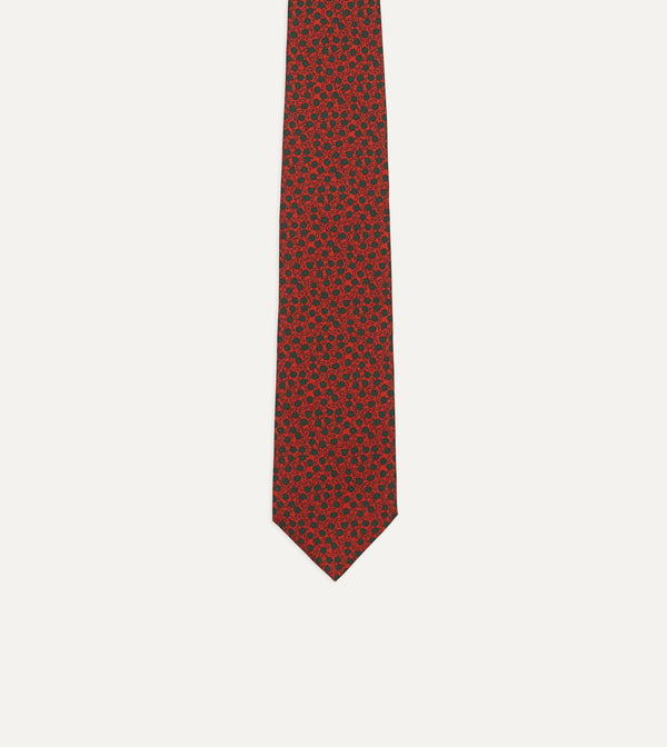 Drake's Red Mini Leaves Print Foulard Silk Self Tipped Tie