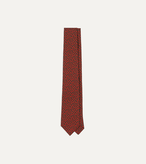 drake's Red Mini Leaves Print Foulard Silk Self Tipped Tie