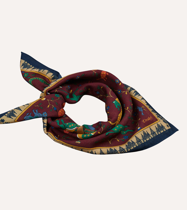 Drake's Red Mythical Animals Print Wool-Silk Bandana