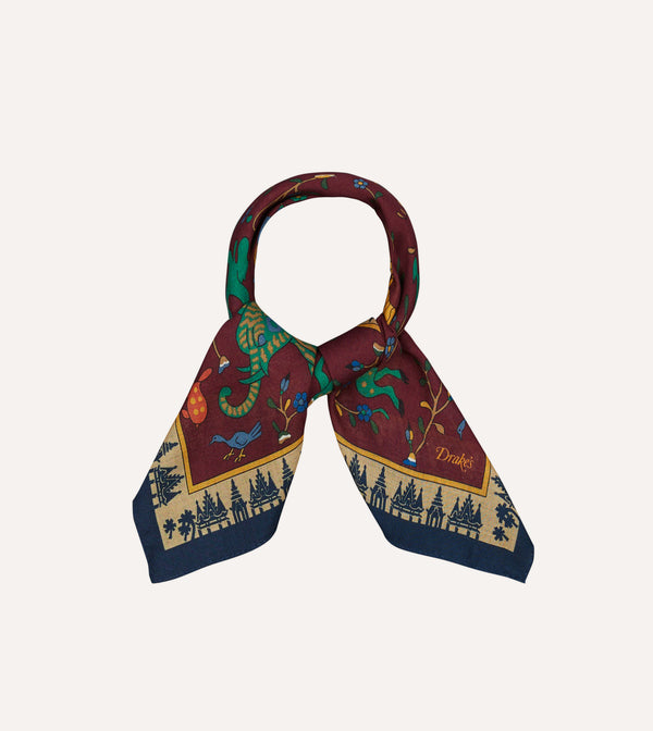 drake's Red Mythical Animals Print Wool-Silk Bandana